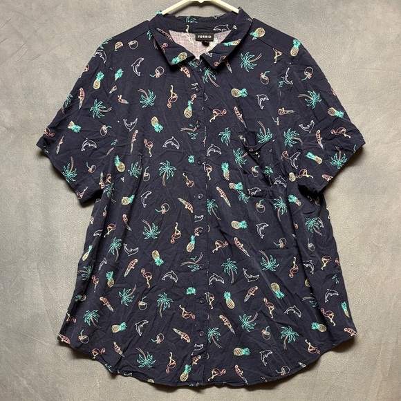 Torrid Tropical Print Button Shirt Womens 3X Navy Stretch Resort Vacation Beach - Picture 1 of 9
